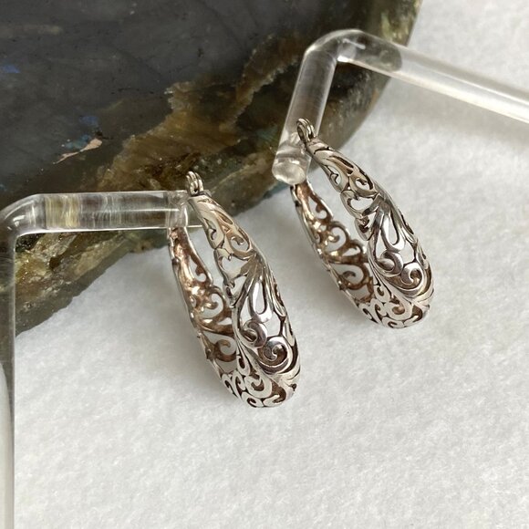 VTG Jezlaine Sterling Silver 925 Pierced Hinged Scrollwork Oval Hoop Earrings - Picture 12 of 16